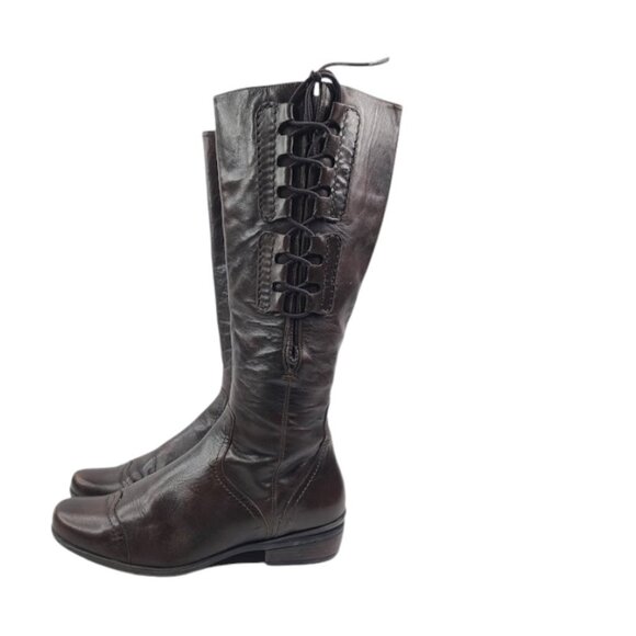 Durea Women's Brown Leather Criss Cross Lace Heeled Knee High Moto Boot Size 6 - Picture 1 of 8